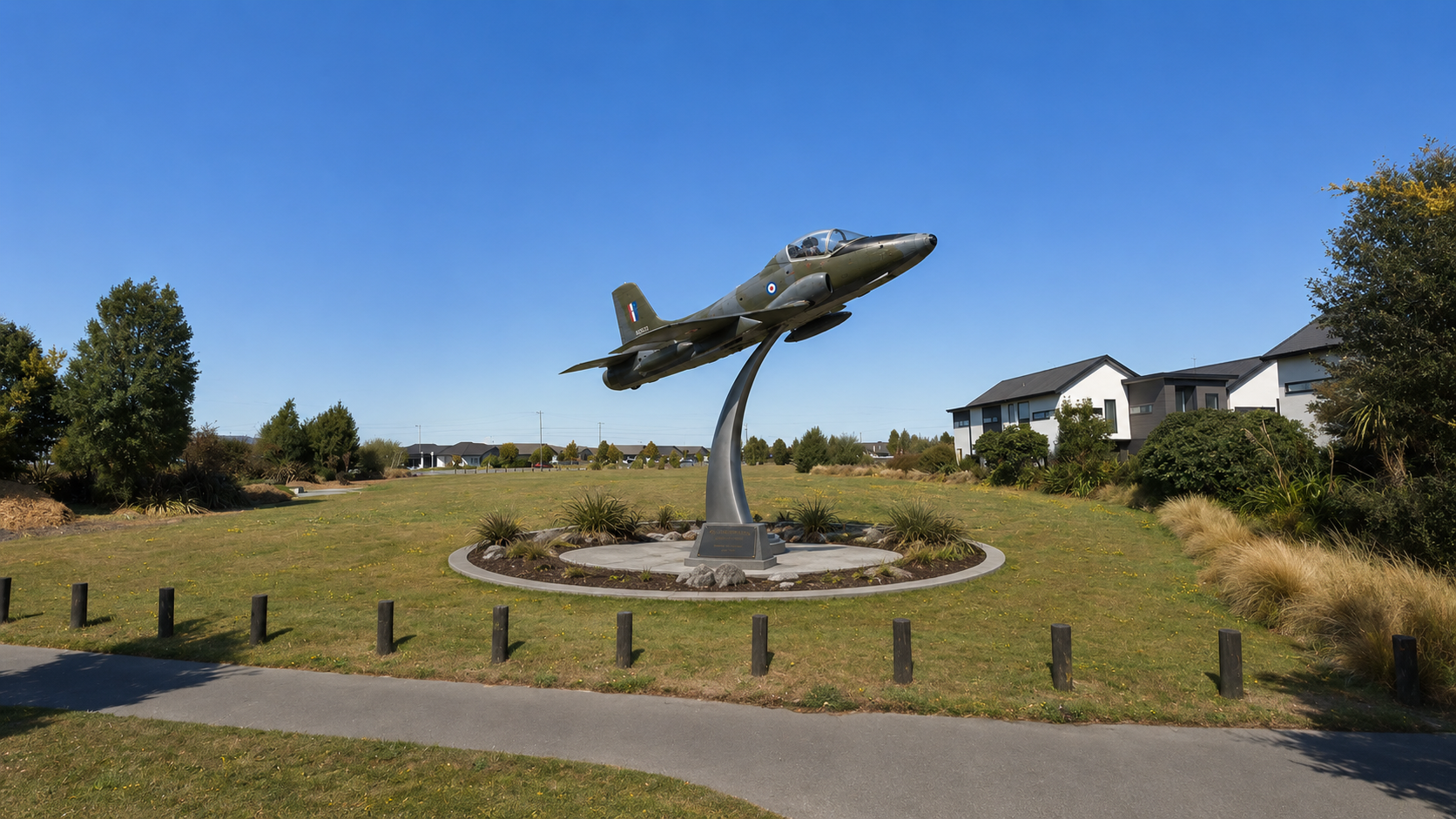 Concept image of an RNZAF Strikemaster mounted on a pole in a landscaped Wigram park